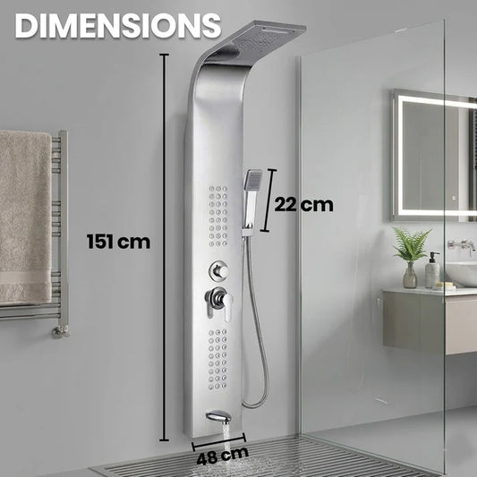 Stainless Steel Shower Panel Tower – Rainfall, Waterfall, Jets, Tub Spout & Hand Shower