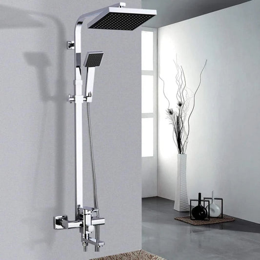 Chrome Bath Shower Mixer Faucet – Wall Mount 8-Inch Shower Head with Hand Shower